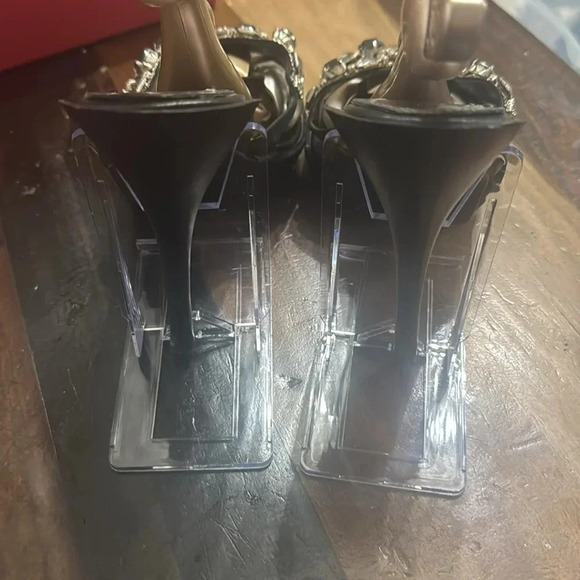 Black Stiletto& Satin mule Rhinestone Gem Heels 8 - Picture 6 of 10